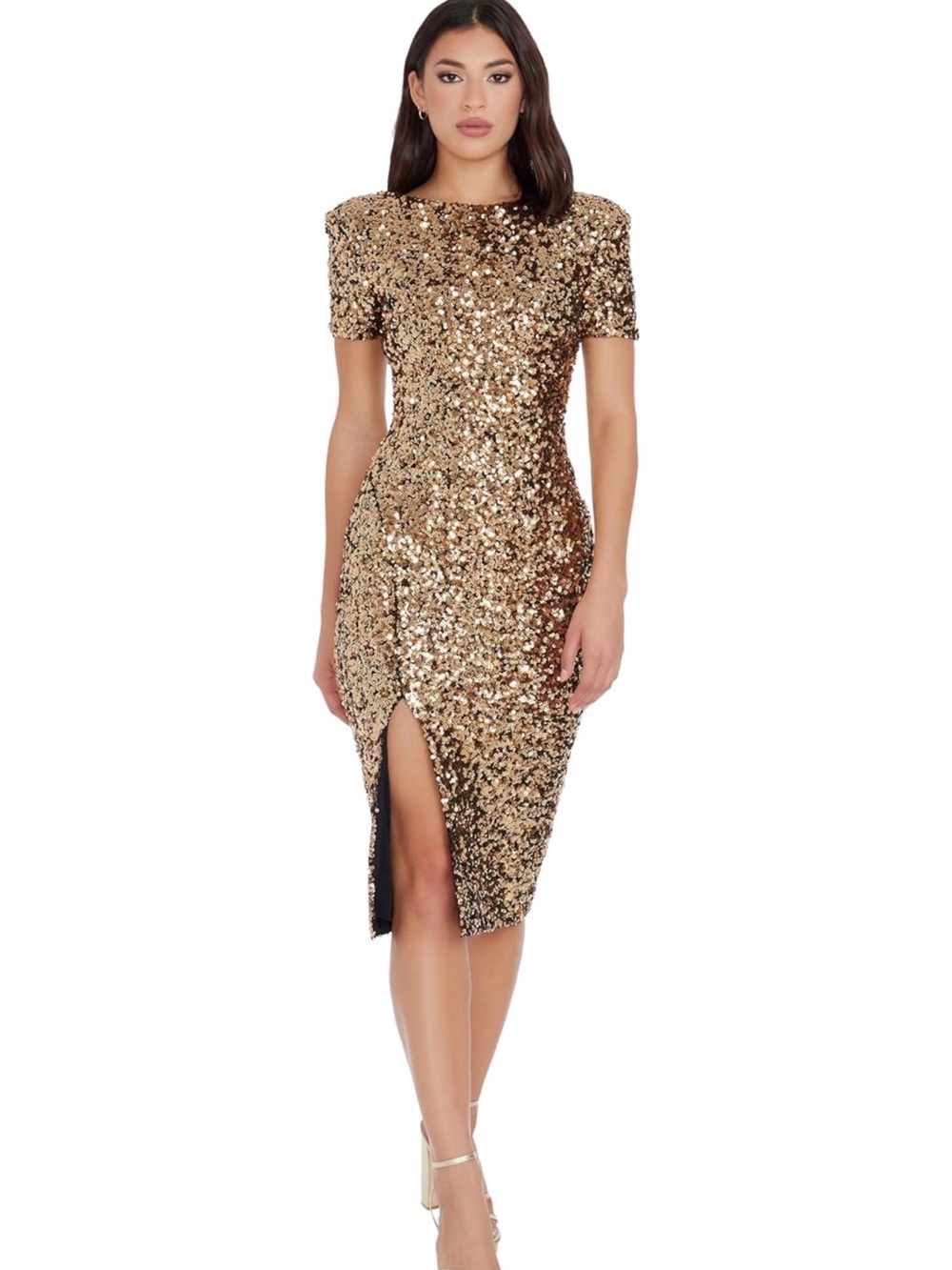 NWT Dress the Population Gold Sequin Midi Dress w Side Slit and Short Sleeves, L